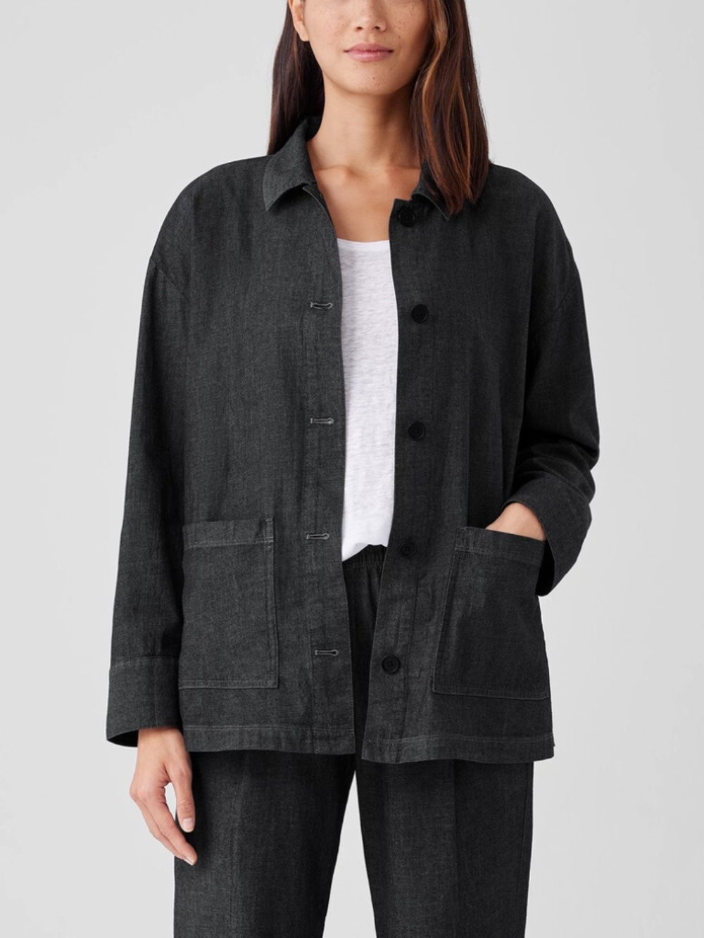 Eileen Fisher - Airy Organic Cotton Twill Boxy Fit Long Shirt Jacket - Medium